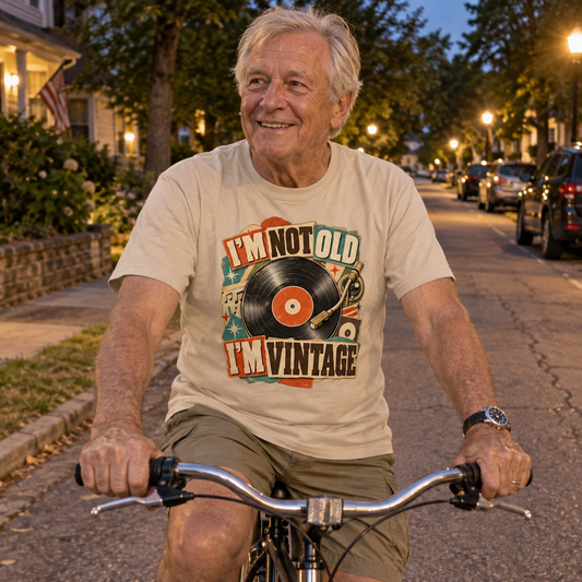 Senior man cycling outdoors in beige vintage t-shirt printed I'm Not Old I'm Vintage
