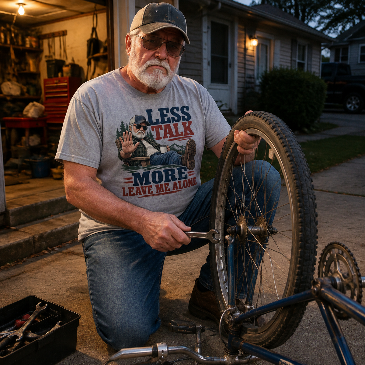 Senior man wearing vintage t-shirt with printed Less Talk More Leave Me Alone slogan outdoors