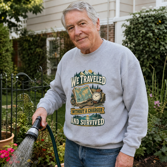 Gray vintage sweatshirt with printed travel design worn by smiling senior man watering garden outdoors