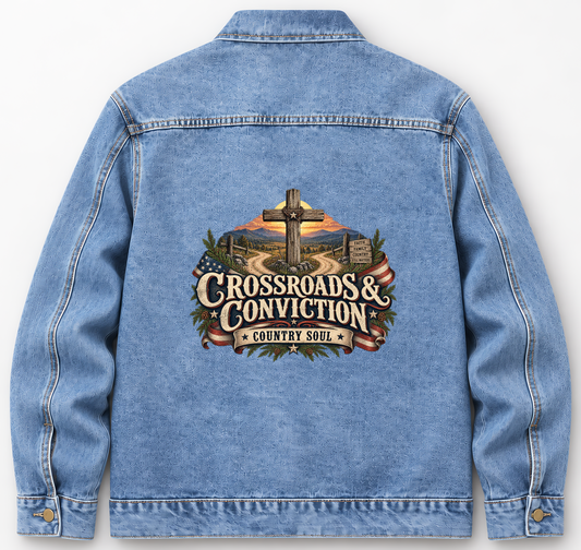 Back of Medium Denim Wash vintage denim jacket with Crossroads & Conviction. Country Soul printed design