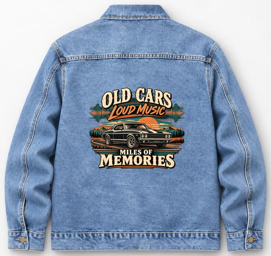 Back of Medium Denim Wash vintage denim jacket with Old Cars. Loud Music. Miles Of Memories printed design