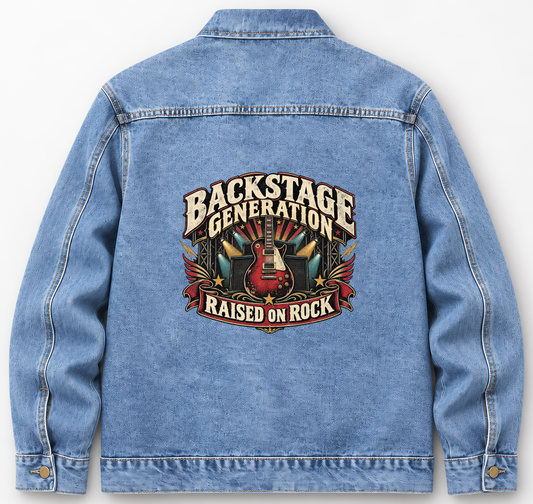 Back of Medium Denim Wash vintage denim jacket with Backstage Generation Raised On Rock printed design