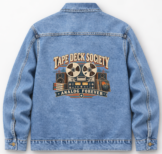 Back of Medium Denim Wash vintage denim jacket with Tape Deck Society. Analog Forever printed design