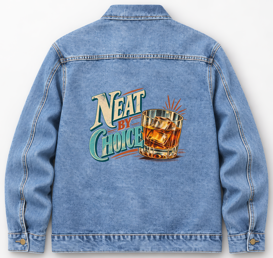 Back of Medium Denim Wash vintage denim jacket with Neat By Choice printed design