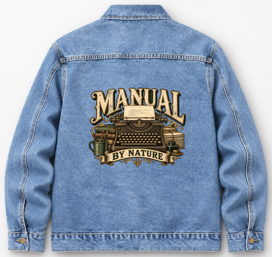 Back of Medium Denim Wash vintage denim jacket with Manual By Nature printed design