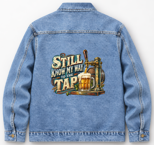 Back of Medium Denim Wash vintage denim jacket with Still Know My Way To The Tap printed design
