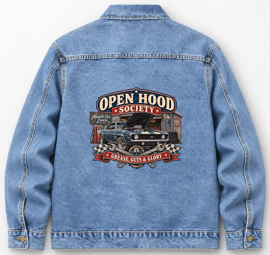 Back of Medium Denim Wash vintage denim jacket with Open Hood Society. Grease, Guts & Glory printed design