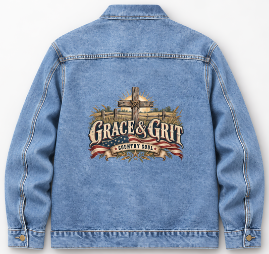 Back of Medium Denim Wash vintage denim jacket with Grace & Grit. Country Soul printed design