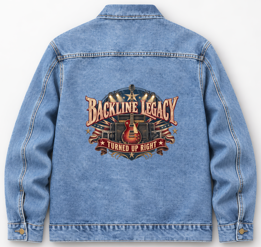 Back of Medium Denim Wash vintage denim jacket with Backline Legacy Turned Up Right printed design