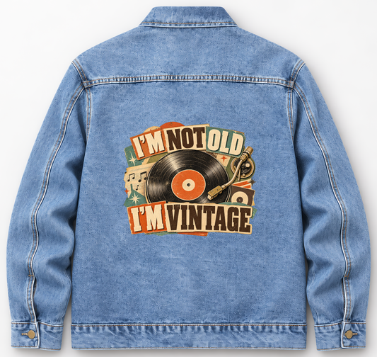 Back of Medium Denim Wash vintage denim jacket with I'm Not Old. I'm Vintage printed design