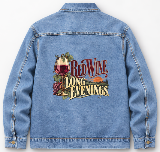 Back of Medium Denim Wash vintage denim jacket with Red Wine. Long Evenings printed design