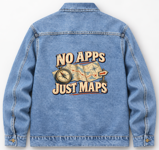 Back of Medium Denim Wash vintage denim jacket with No Apps. Just Maps printed design