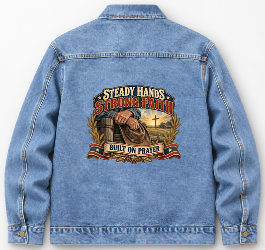 Back of Medium Denim Wash vintage denim jacket with Steady Hands. Strong Faith Built On Prayer printed design