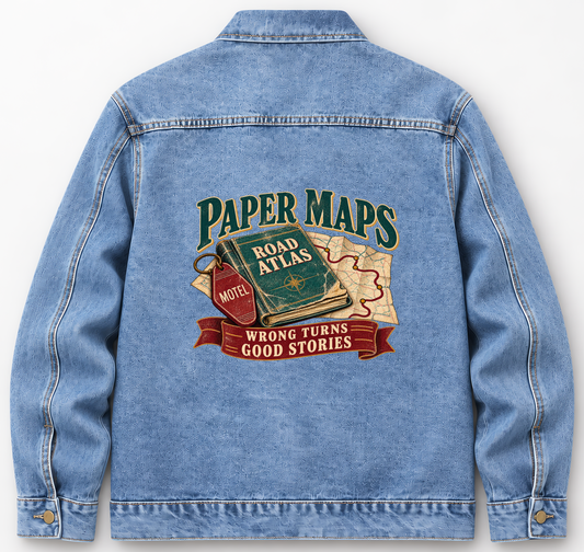 Back of Medium Denim Wash vintage denim jacket with Paper Maps. Wrong Turns. Good Stories printed design