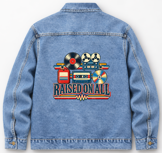 Back of Medium Denim Wash vintage denim jacket with Raised On All printed design