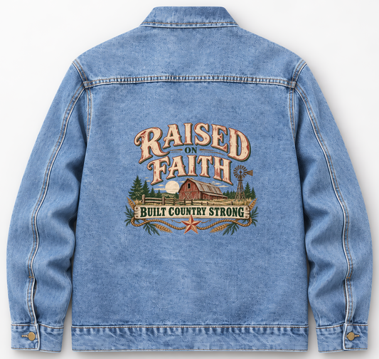 Back of Medium Denim Wash vintage denim jacket with Raised On Faith. Built Country Strong printed design