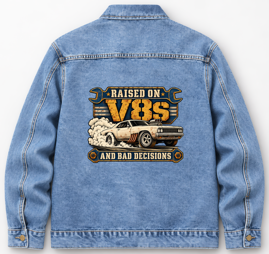 Back of Medium Denim Wash vintage denim jacket with Raised On V8s And Bad Decisions printed design