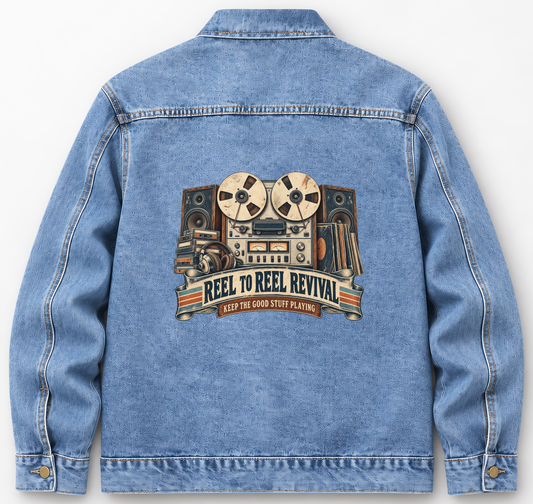 Back of Medium Denim Wash vintage denim jacket with Reel To Reel Revival. Keep The Good Stuff Playing printed design