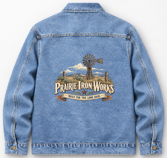 Back of Medium Denim Wash vintage denim jacket with Prairie Iron Works Built For The Long Haul printed design
