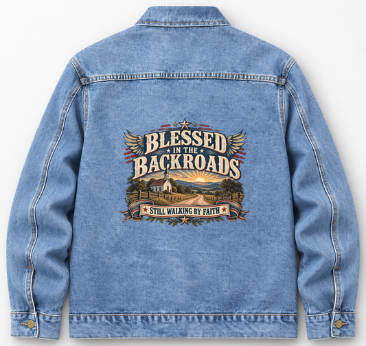 Back of Medium Denim Wash vintage denim jacket with Blessed In The Backroads Still Walking By Faith printed design