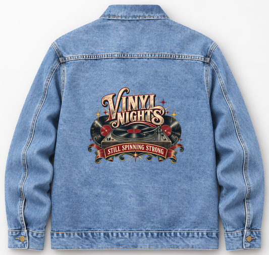 Back of Medium Denim Wash vintage denim jacket with Vinyl Nights Still Spinning Strong printed design