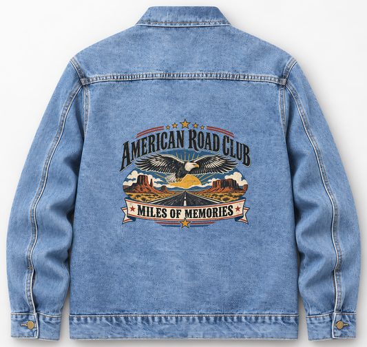 Back of Medium Denim Wash vintage denim jacket with American Road Club. Miles Of Memories printed design