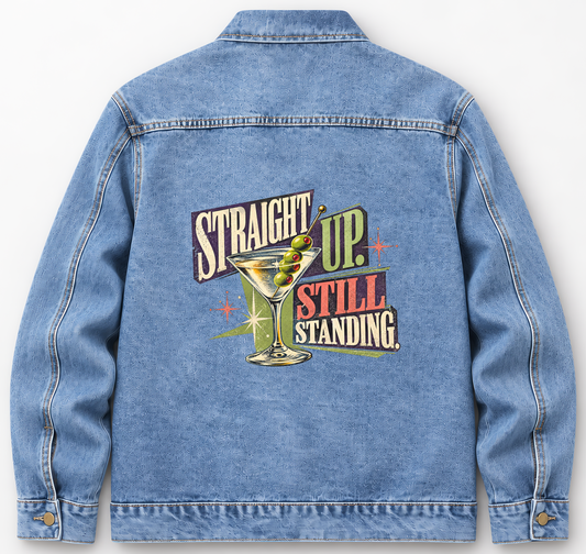 Back of Medium Denim Wash vintage denim jacket with Straight Up. Still Standing printed design
