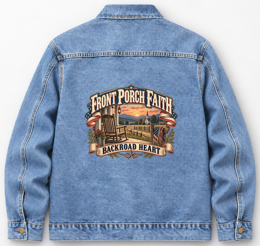 Back of Medium Denim Wash vintage denim jacket with Front Porch Faith. Backroad Heart printed design