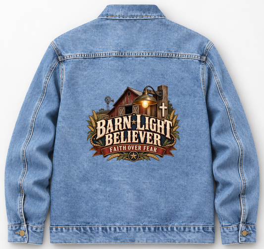 Back of Medium Denim Wash vintage denim jacket with Barn Light Believer. Faith Over Fear printed design