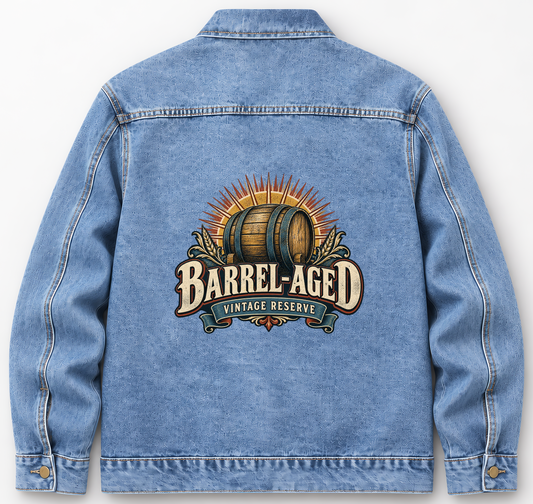 Back of Medium Denim Wash vintage denim jacket with Barrel-Aged Vintage Reserve printed design