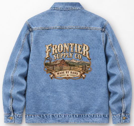 Back of Medium Denim Wash vintage denim jacket with Frontier Supply Co. Made By Hand printed design