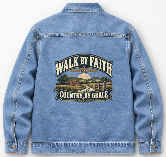 Back of Medium Denim Wash vintage denim jacket with Walk By Faith. Country By Grace printed design