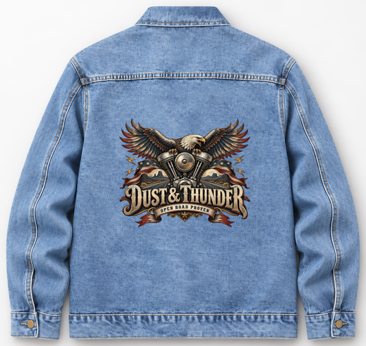 Back of Medium Denim Wash vintage denim jacket with Dust & Thunder. Open Road Proven printed design