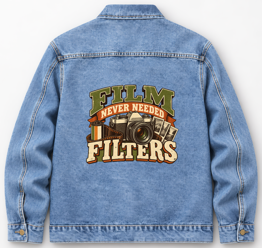 Back of Medium Denim Wash vintage denim jacket with Film Never Needed Filters printed design