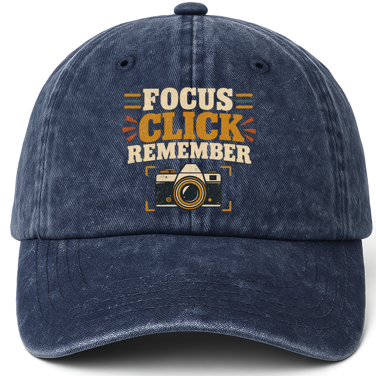 Navy vintage washed cap with Focus Click Remember printed front design