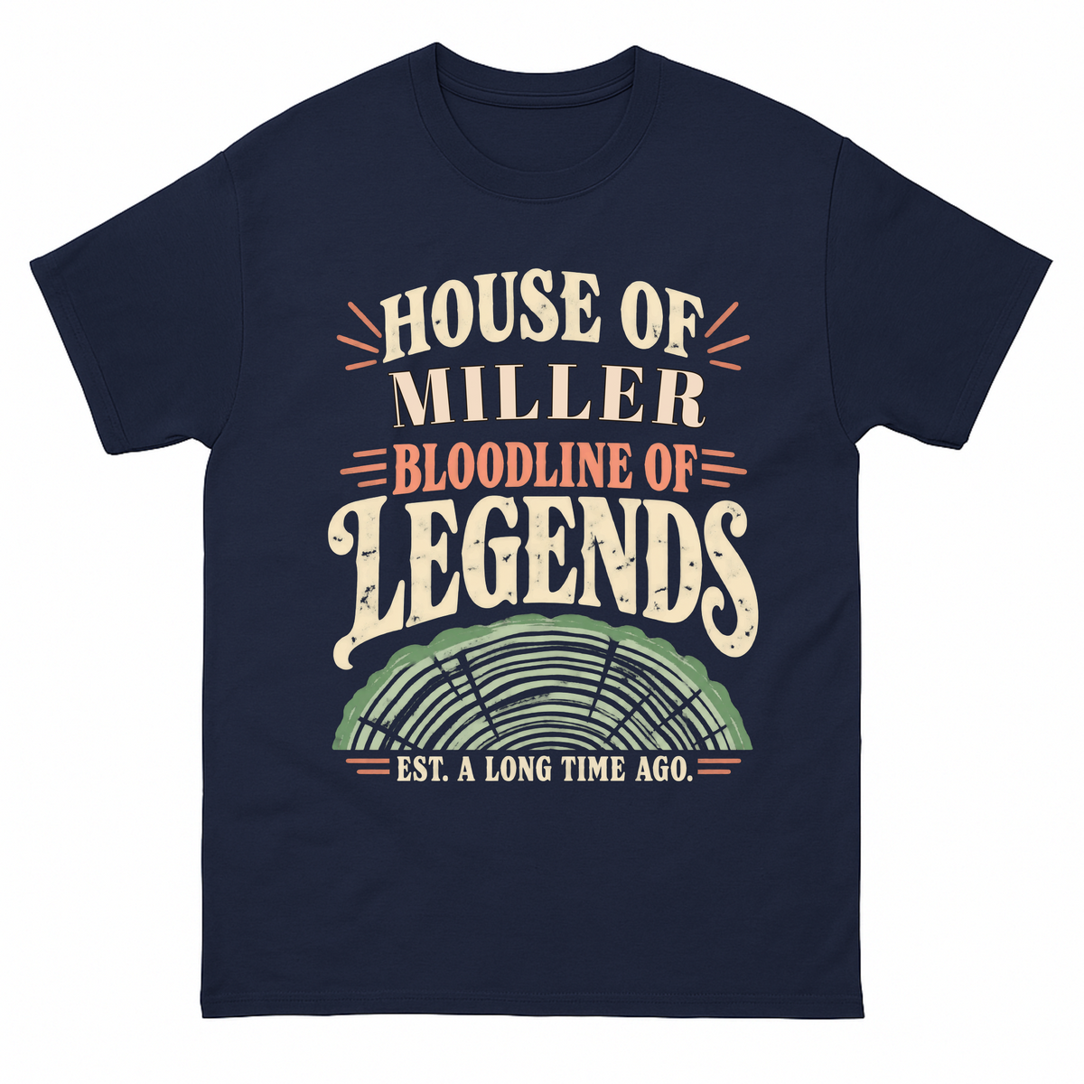 Navy vintage t-shirt with House Of Your Family Name Bloodline Of Legends Tree Rings printed front design