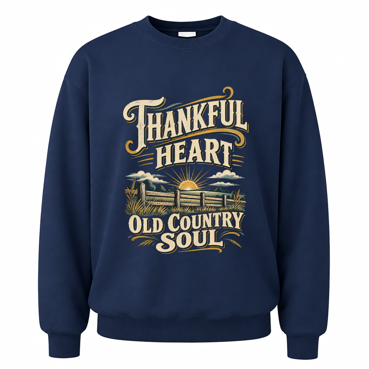 Navy vintage sweatshirt with Thankful Heart Old Country Soul printed front design