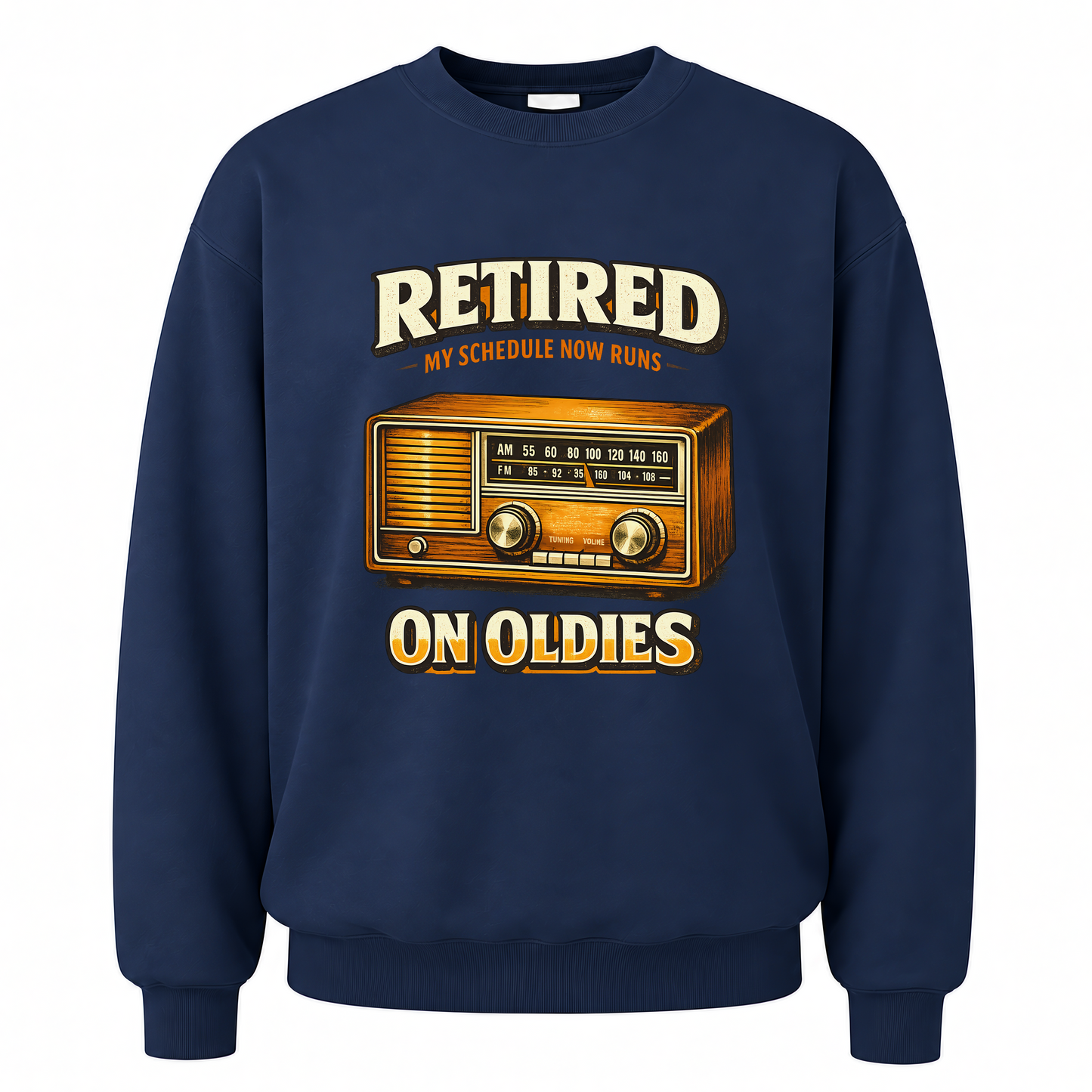 Navy vintage sweatshirt with 39 schedule runs on oldies ideogram 4x printed front design