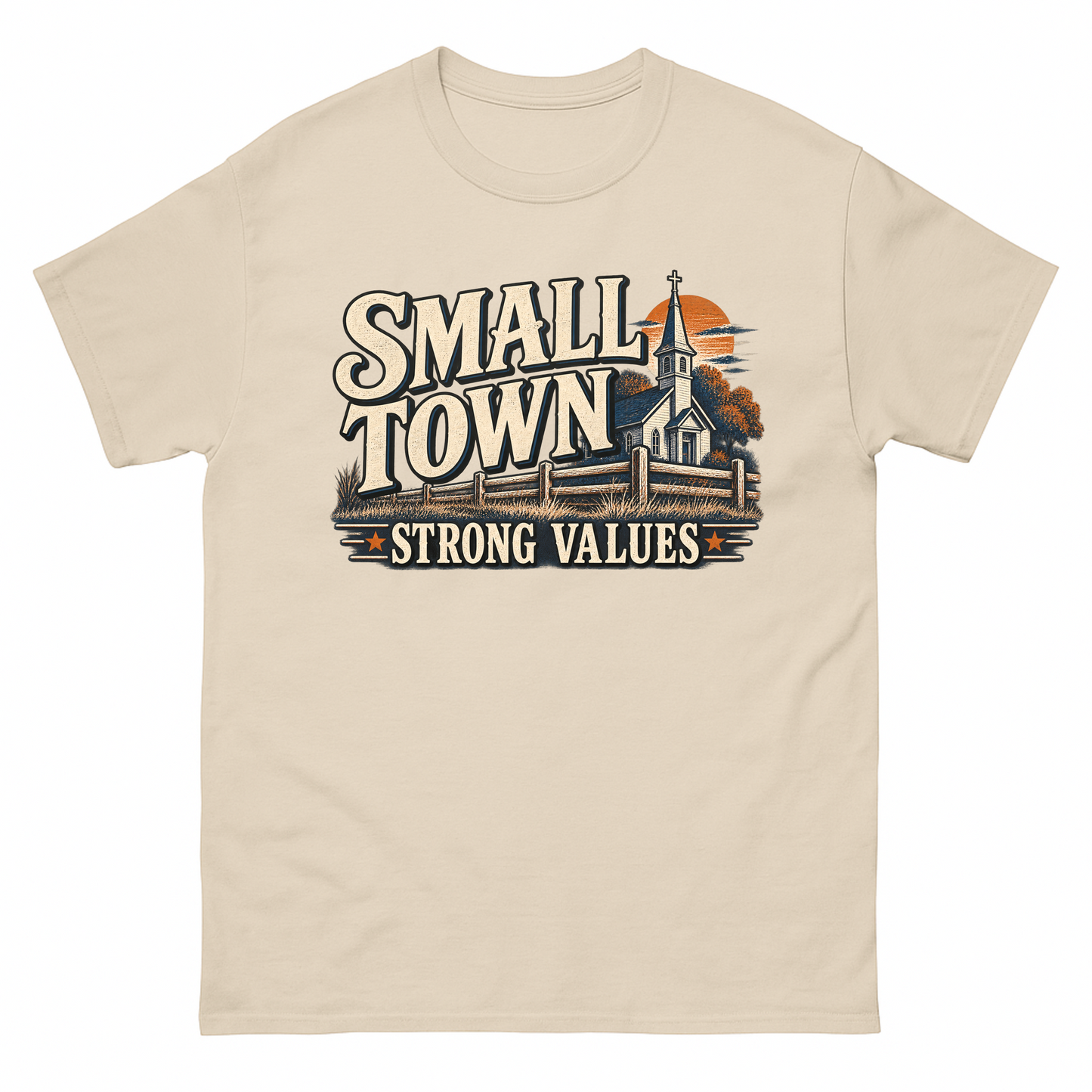 Sand vintage t-shirt with Small Town Strong Values printed front design