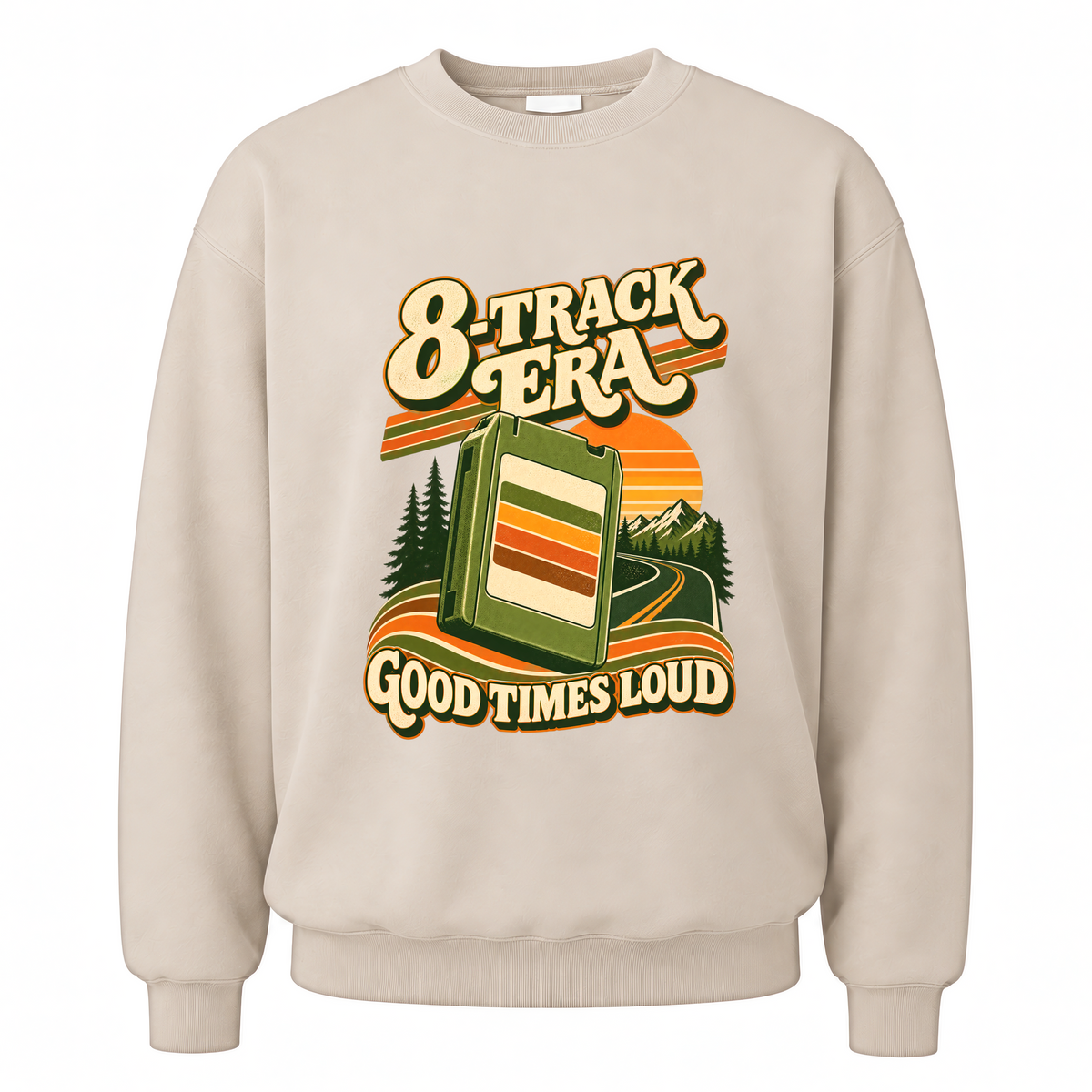 Sand vintage sweatshirt with 8-Track Era Good Times Loud printed front design