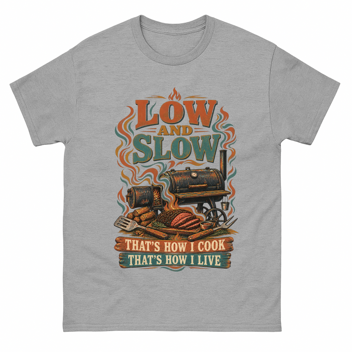Sport Grey vintage t-shirt with Low And Slow That’s How I Cook That’s How I Live printed front design