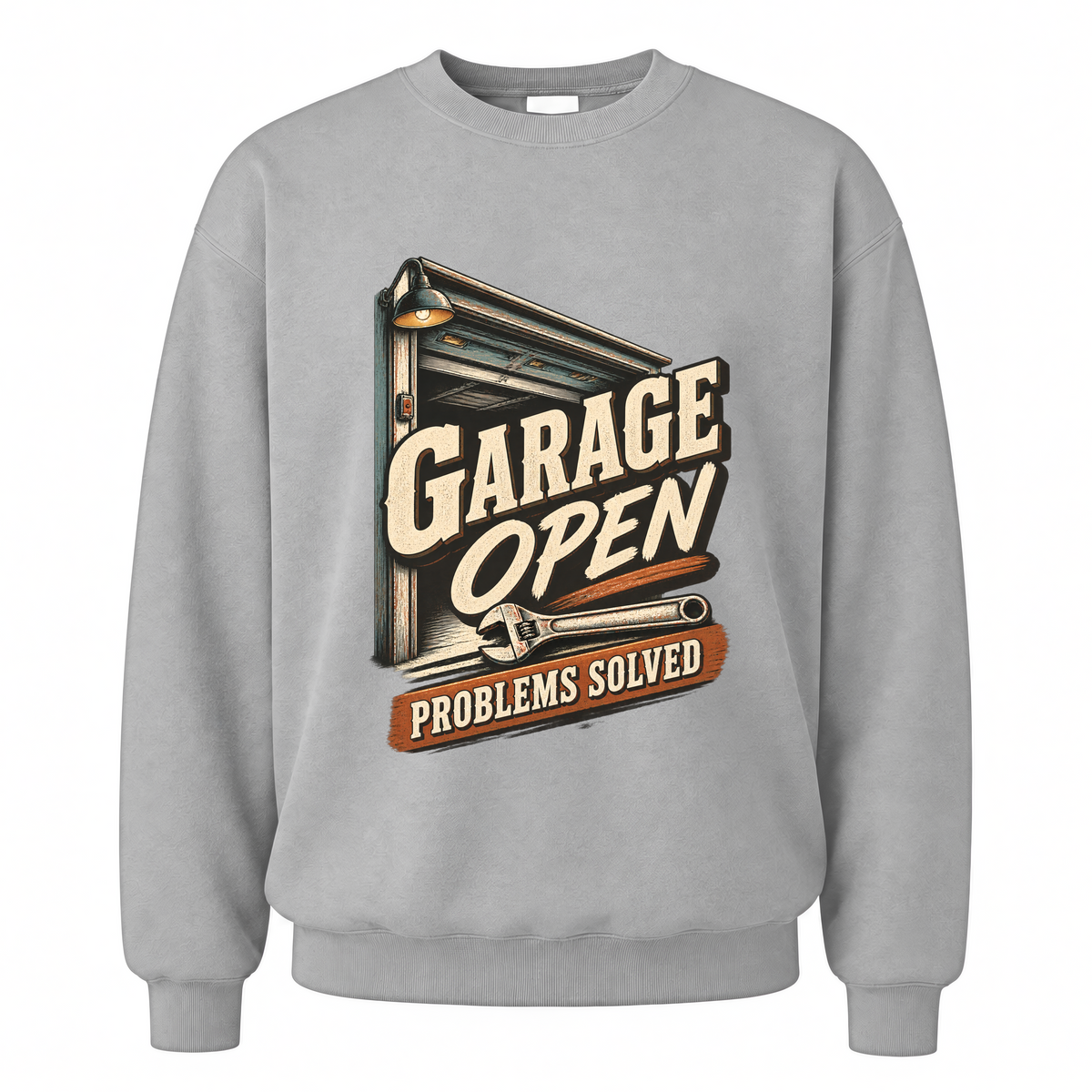 Sport Grey vintage sweatshirt with Garage Open Problems Solved printed front design