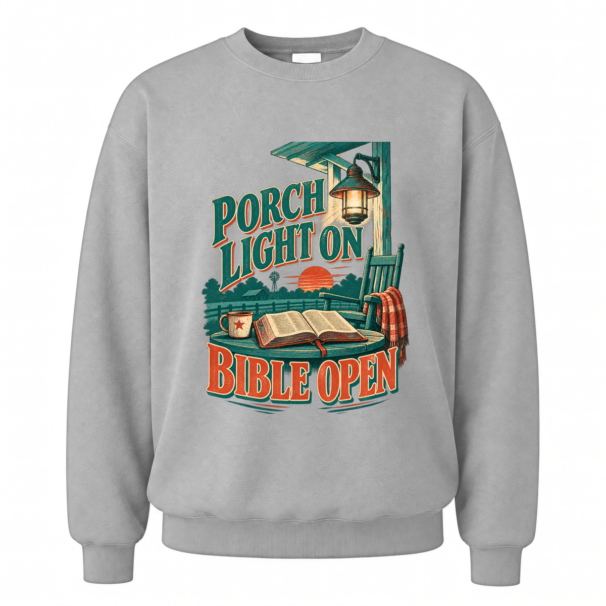 Sport Grey vintage sweatshirt with Porch Light On Bible Open printed front design