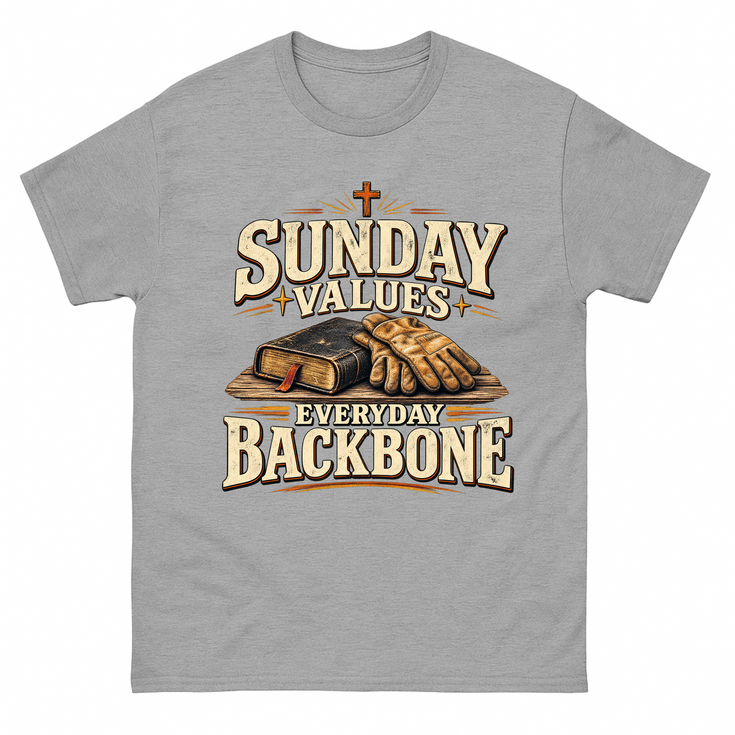 Sport Grey vintage t-shirt with Sunday Values Everyday Backbone printed front design
