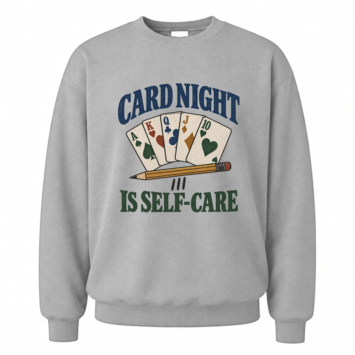 Sport Grey vintage sweatshirt with Card Night Is Self-Care printed front design
