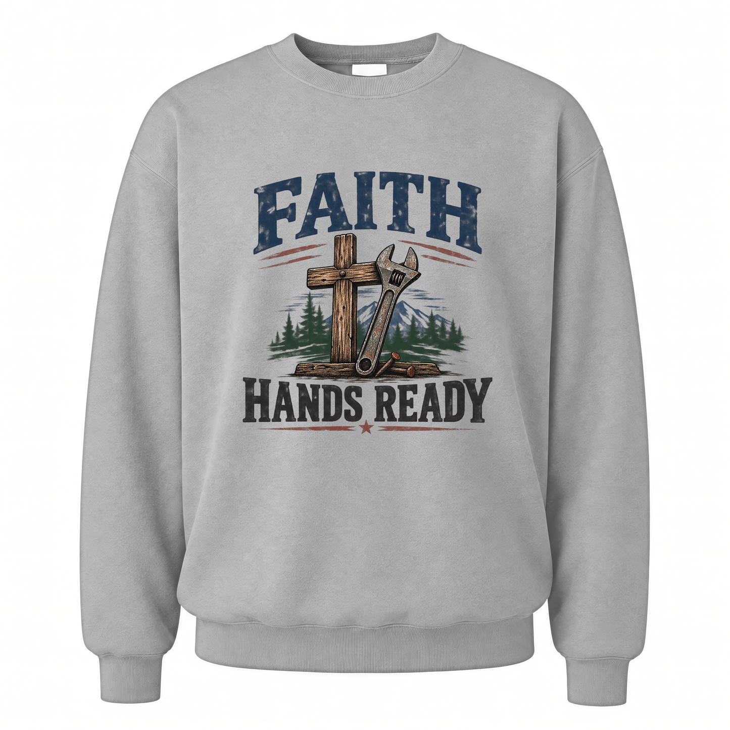 Sport Grey vintage sweatshirt with Faith Hands Ready printed front design