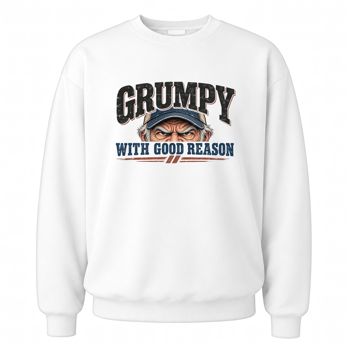 White vintage sweatshirt with Grumpy With Good Reason printed front design