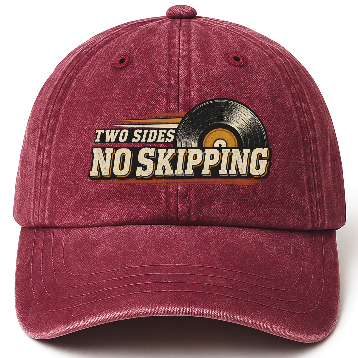 Wine Red vintage washed cap with Two Sides. No Skipping printed front design