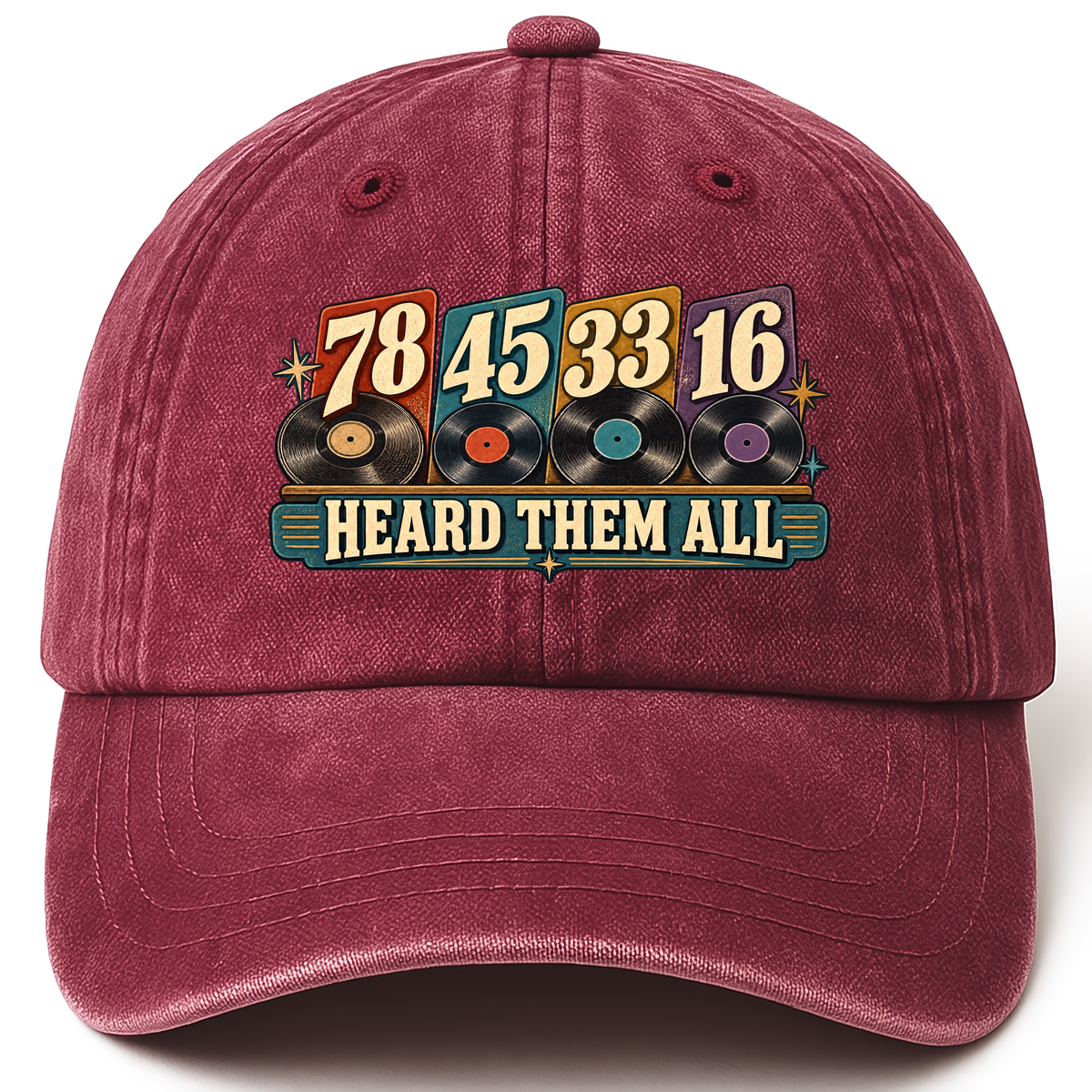 Wine Red vintage washed cap with 78 45 33 16. Heard Them All printed front design