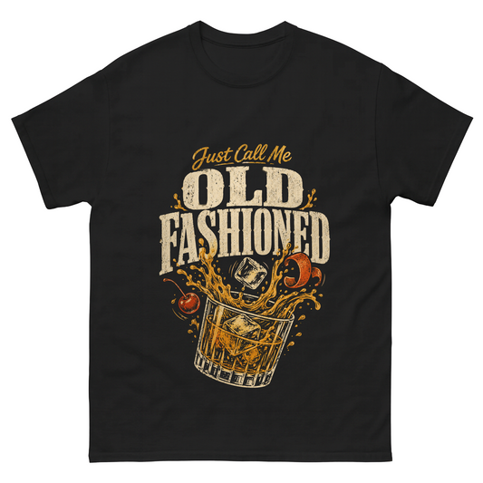 Black T-shirt with Old Fashioned whiskey glass front print